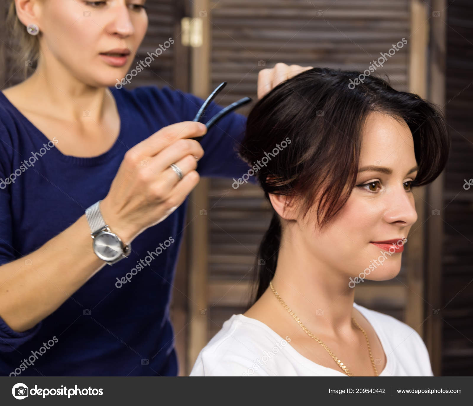 Elegant Woman In Beauty Saloon Hairdresser Does Coiffure In The