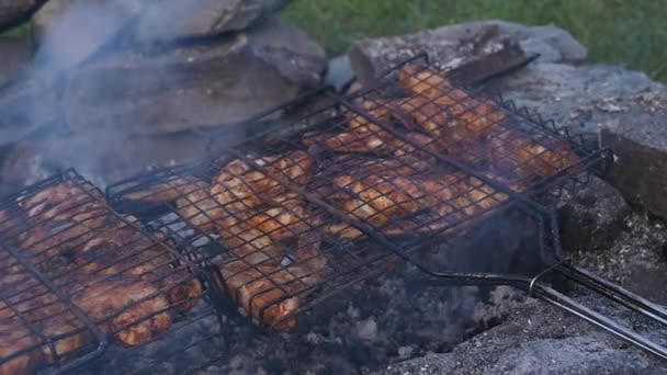 Kurczak z grilla. kurczaki skrzydła są pieczone na grillu. zwolnionym tempie — Wideo stockowe