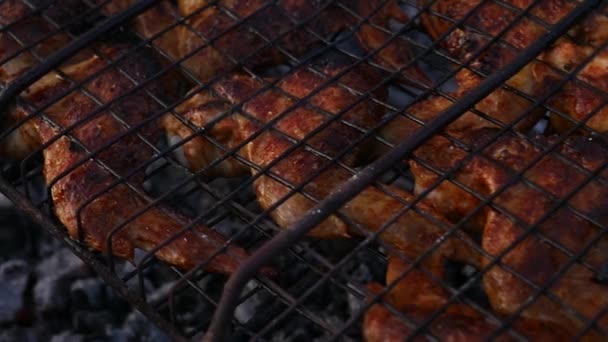 Grilované kuře. kuřata křídla jsou pečené na grilu. Zpomalený pohyb — Stock video