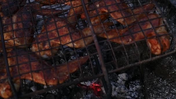 Kurczak z grilla. kurczaki skrzydła są pieczone na grillu. zwolnionym tempie — Wideo stockowe