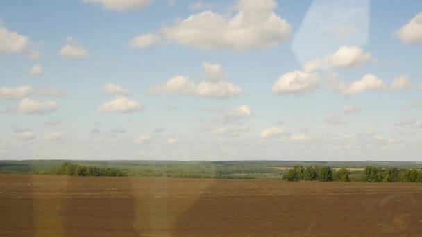 Vista de la ventana desde el autobús en los campos de otoño. cámara lenta — Vídeos de Stock