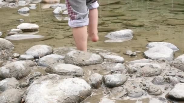 Fötter av liten flicka kör barfota på en stenstrand vid sjön. slowmotion — Stockvideo