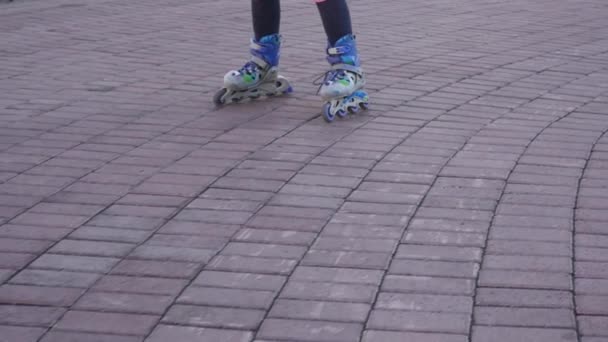 Piernas de un niño en patines. El niño rueda en el parque Pablic. Movimiento lento — Vídeo de stock