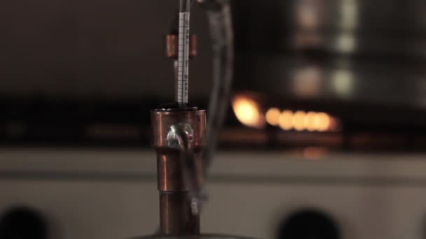 홈 화 염 불에 알콜의 생산입니다. 알코올 증 류 장비, 유리 항아리에 술 맛 유체 흐름 — 비디오