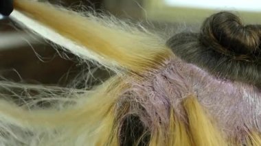 Kuaför Güzellik Salonu bir genç için boya saç modeli, yapar. Saç boya kaplı. ağır çekim