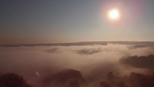 霧の日の出の空撮。上からバレー ビューで霧。山の谷で秋の朝. — ストック動画