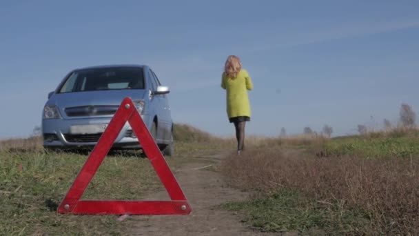 Smutný okouzlující obchodních žena poblíž rozbité auto na venkovské silnici volá na mobil. Zpomalený pohyb — Stock video