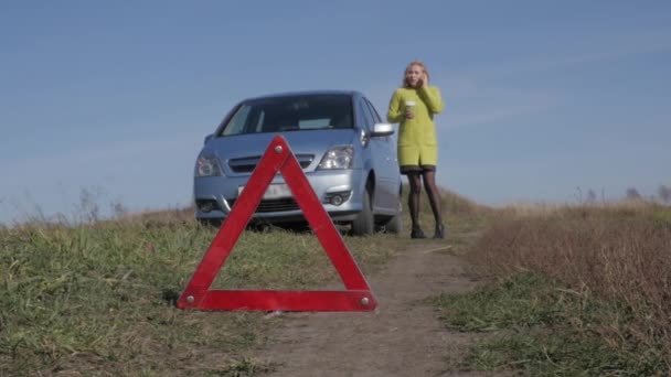 Charmiga affärskvinna efterlyser hjälp av mobiltelefon. flicka nära trasiga bil på lantlig väg. slowmotion — Stockvideo