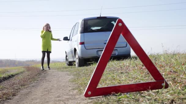 Smutny uroczą kobietą biznesu w pobliżu uszkodzonego samochodu na wiejskiej drodze dzwoni na telefon komórkowy. — Wideo stockowe