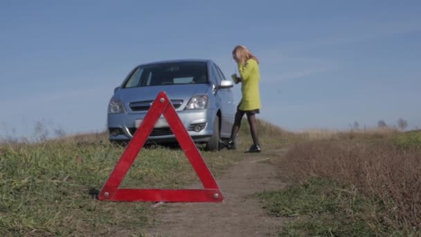 Charmante zakenvrouw vraagt om hulp via de mobiele telefoon. meisje in de buurt van gebroken auto op landelijke weg. Slow motion — Stockvideo