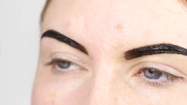 Maquilleuse professionnelle dessinant les sourcils d'un beau client. Concept beauté et mode — Video