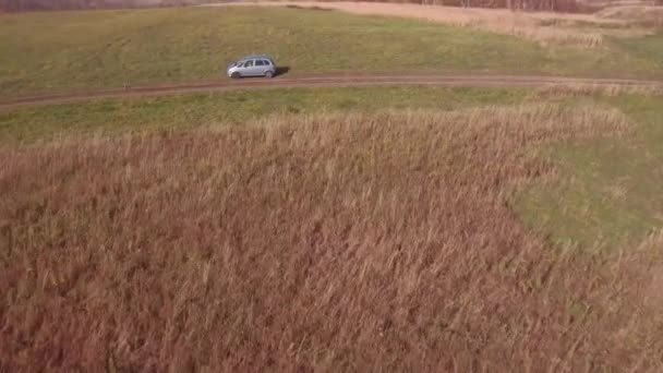 Vista aérea. mujer rubia en un camino rural de otoño cerca de coche roto. 4K — Vídeos de Stock