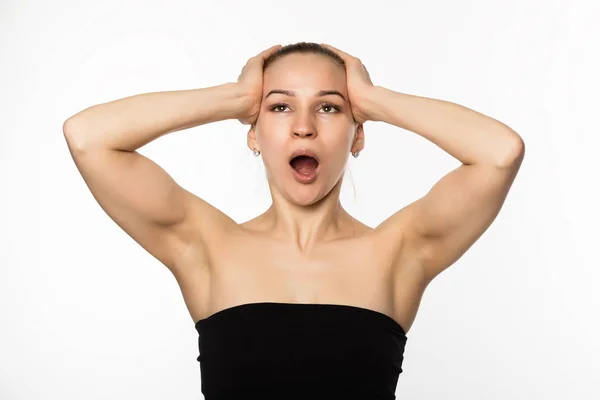 Gymnastiek voor een gezicht, vrouw, Anti-veroudert oefeningen doen. schoonheid en gezondheid concept — Stockfoto