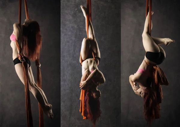 Koláž z krásné sexy tanečnice na vzdušné hedvábí, elegantní zkroucení, aplikace acrobat provede trik stuhy — Stock fotografie