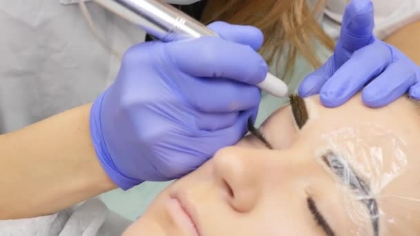 Maquiagem permanente de sobrancelha profissional. Tatuagem de sobrancelhas close-up. 4K — Vídeo de Stock