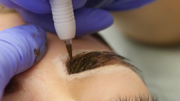 Les mains rapprochées du maître qui fait le tatouage des sourcils. maquillage permanent des sourcils. 4K — Video