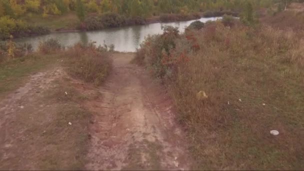 Vue AÉRIENNE : Vol au-dessus d'une route de campagne avec petit lac, nuages orageux à l'horizon 