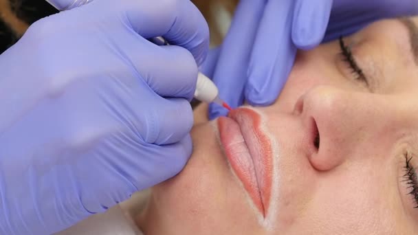 Maquillaje permanente para los labios rojos de hermosa mujer en el salón de belleza. Primer plano esteticista haciendo tatuajes de labios. cámara lenta — Vídeos de Stock