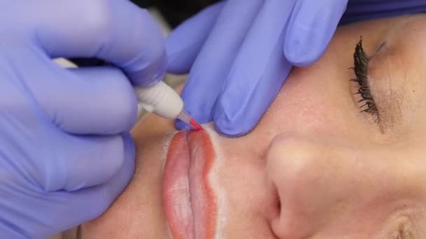 Aplicando tatuagem de maquiagem permanente vermelha em lábios de menina jovem. câmara lenta — Vídeo de Stock