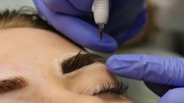 Jeune belle femme se faisant tatouer les sourcils. maquillage permanent pour les sourcils au salon de beauté. au ralenti — Video