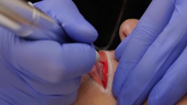 Schoonheidsspecialist permanente make-up toe te passen op de lippen. Permanente make-up. Slow motion — Stockvideo