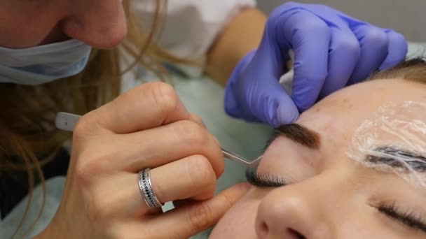 Maquillaje permanente profesional de la ceja. Tatuaje de cejas de cerca. cámara lenta — Vídeos de Stock