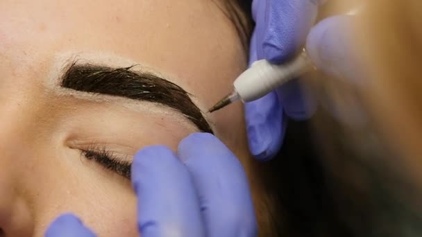 Cosmetólogo haciendo tatuajes en las cejas a una clienta. maquillaje permanente profesional de la ceja. 4K — Vídeo de stock