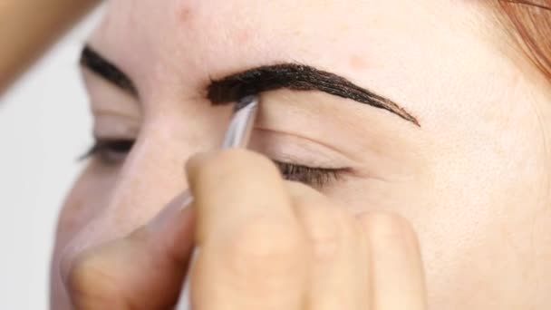 Maquilleuse professionnelle dessinant les sourcils d'un beau client. Concept beauté et mode — Video