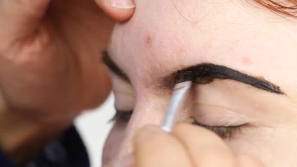 Maquilleuse professionnelle dessinant les sourcils d'un beau client. Concept beauté et mode — Video