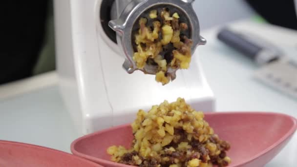 Process of chopping pumpkin, dates and prunes on a electric grinder — Stock Video