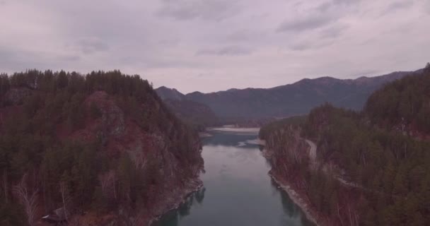 Widok z lotu ptaka. Latające nad doliną górskiej rzeki i lasu. Jesienny krajobraz. 4k — Wideo stockowe
