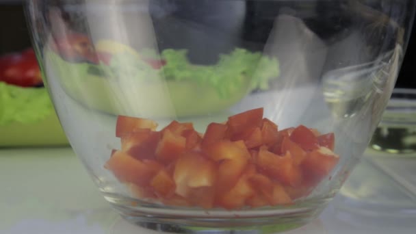 Женщина готовит вегетарианский низкокалорийный греческий салат, кладет овощи в миску — стоковое видео