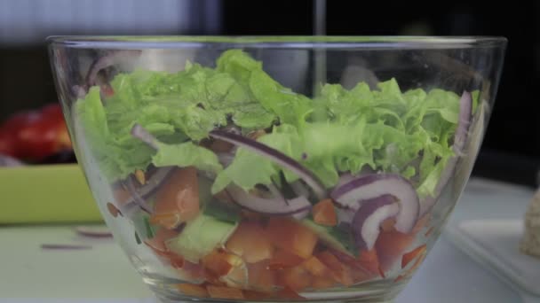 Frau kocht vegetarischen kalorienarmen griechischen Salat, legt Gemüse in eine Schüssel — Stockvideo