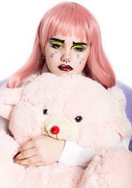 Genç kadın profesyonel komik pop sanat makyajlı. Komik karikatür veya çizgi roman makyaj