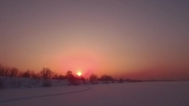 Volando sobre el atardecer del campo de nieve — Vídeo de stock