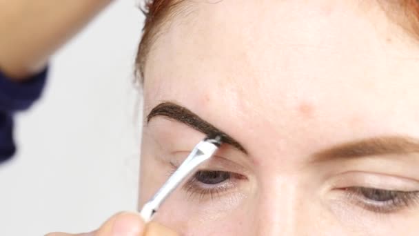 Professionele make-up artiest tekening wenkbrauwen voor mooie client. Beauty en fashion concept — Stockvideo