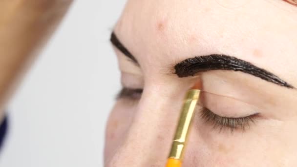 Maquilleuse professionnelle dessinant les sourcils d'un beau client. Concept beauté et mode — Video