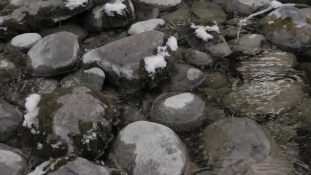 Поток небольшой горной реки в зимний сезон над камнями и валунами — стоковое видео
