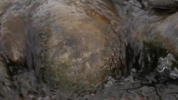 Маленький гірський струмок в зимовий сезон. Обчислення потоку води над камінням і валунами — стокове відео