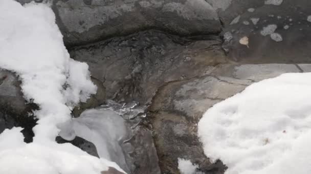 Stream small mountain river in winter season over stones and boulders — Stock Video
