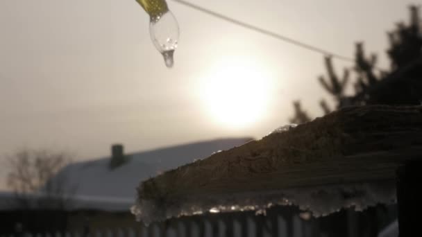 Bolla di sapone ghiacciata. Globo di neve congelato. Fiocco di neve Modelli di ghiaccio glassato su palla di sapone. Inverno tramonto sfondo — Video Stock