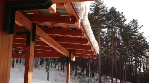 Derretimiento de Icicles goteando de un techo. Gotas de primavera, carámbanos están derritiendo el sol y la nieve. primavera en la estación de esquí — Vídeo de stock