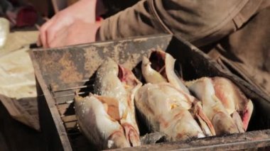 yaşlı adam sigara ya da ızgara için hazırlık balık eller. uskumru smokehouse açık pişirme.