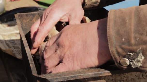 Old man hands preparation fish for smoking or grilling. cooking mackerel in smokehouse outdoor. — Stock Video