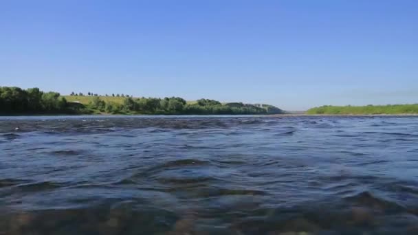 Быстрый поток в широкой мелкой реке, вид на камни на дне через воду. солнечный блик на воде — стоковое видео