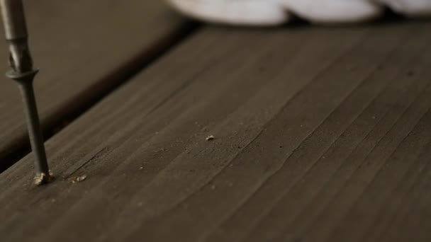 Εργαζόμενος παράγει έργα στερέωσης. διορθώνει το ξύλινο πάτωμα με βίδες με ένα κατσαβίδι. αργή κίνηση — Αρχείο Βίντεο