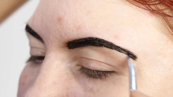 Maquilleuse professionnelle dessinant les sourcils d'un beau client. Concept beauté et mode — Video