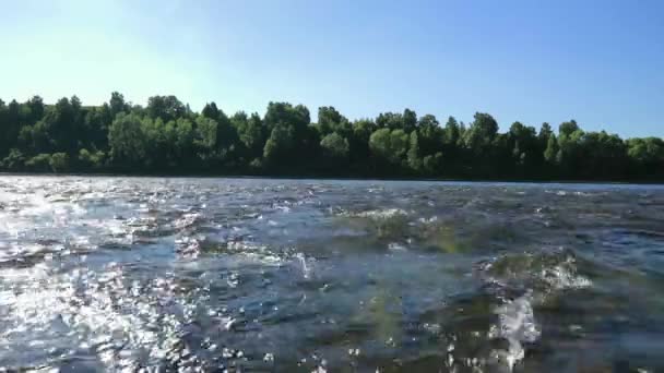 Écoulement rapide dans la large rivière peu profonde, vue sur une pierre au fond à travers l'eau. soleil éblouissement sur l'eau — Video