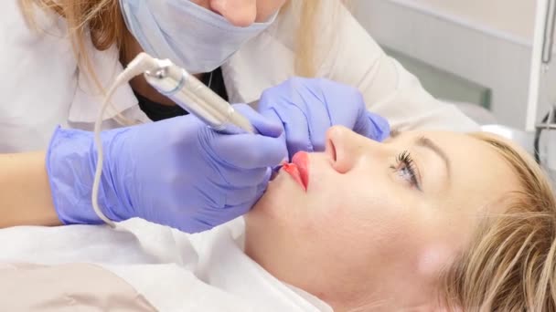 Doktor Kosmetologe führt die Prozedur der permanenten Make-up für weibliche Client-Lippen durch. 4k — Stockvideo