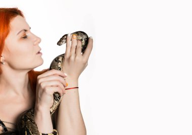 yılan tutan seksi kızıl saçlı kadın. beyaz bir arka plan üzerinde pigme piton ile yakın çekim fotoğraf kız